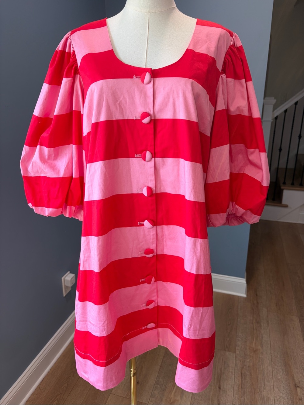 Avara Jayla Dress Pink Red Striped Puff Sleeve Button Front Mini Dress XL NWT